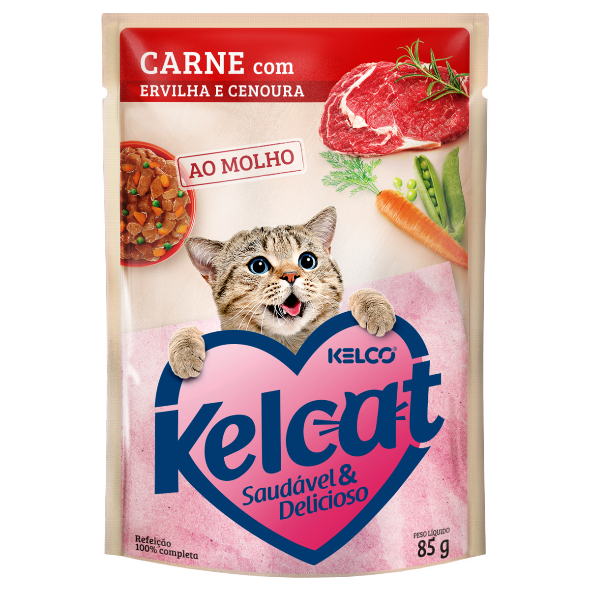 Kelcat Alimento Úmido Sachê Carne com Ervilha e Cenoura 85g