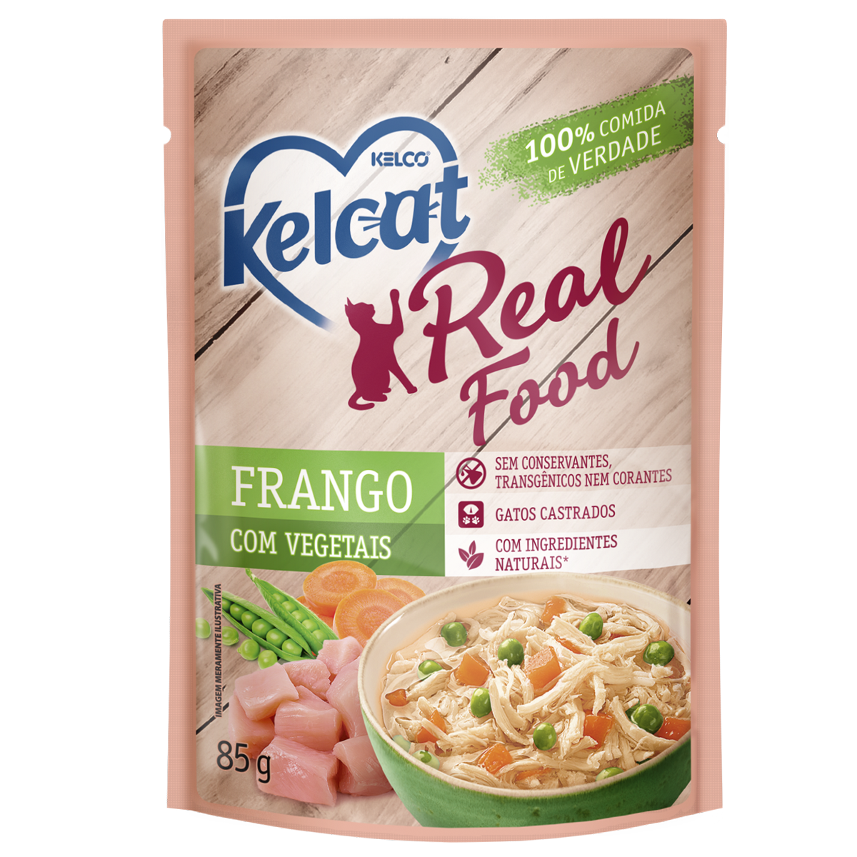 Kelcat Alimento Úmido Sachê Real Food Frango e Arroz com Vegetais 85g